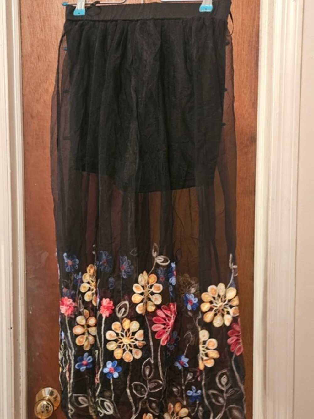 Black Sheer Maxi Skort with Floral Embroidery